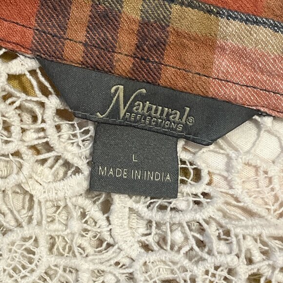NATURAL REFLECTIONS Open Cardigan Sz L Coral Plaid Check Waterfall Lace Back - Picture 6 of 11